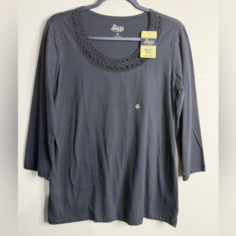 Bass Heritage Knits three-quarter sleeve top with a crochet neckline